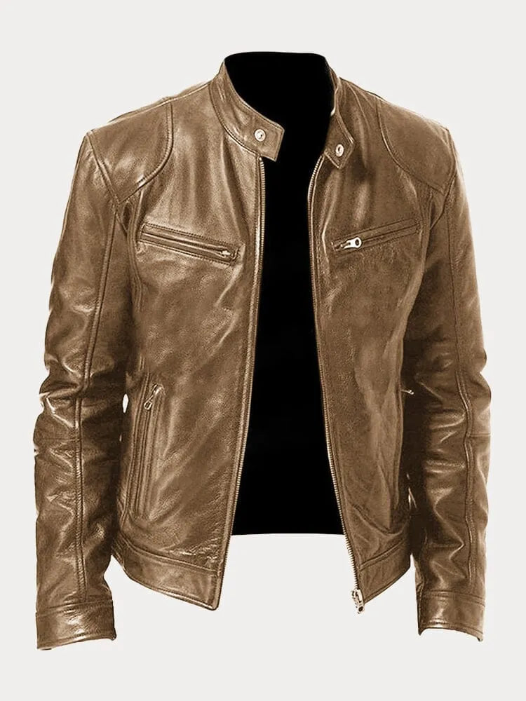 Leather Jacket - Men's Slim Fit Zip-Up Leather Biker Jacket-Grace Aura
