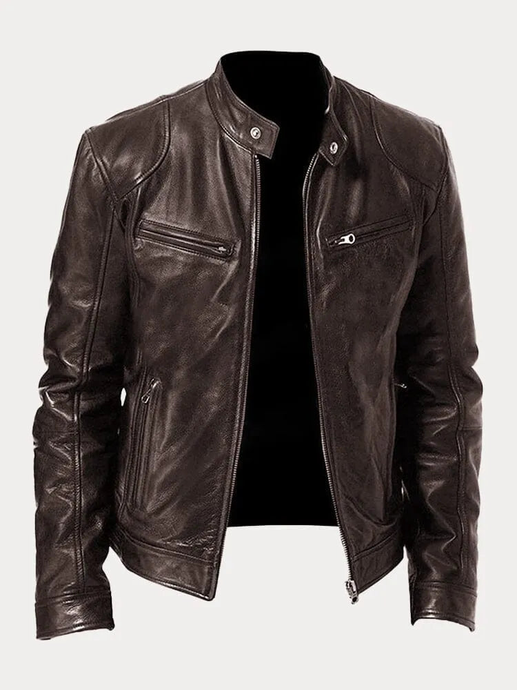 Leather Jacket - Men's Slim Fit Zip-Up Leather Biker Jacket-Grace Aura