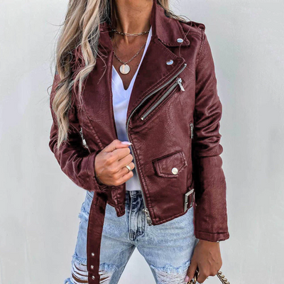 Leather Jacket | Slim Fit | Belt | Biker Jacket | Women's Leather Jacket-Grace Aura