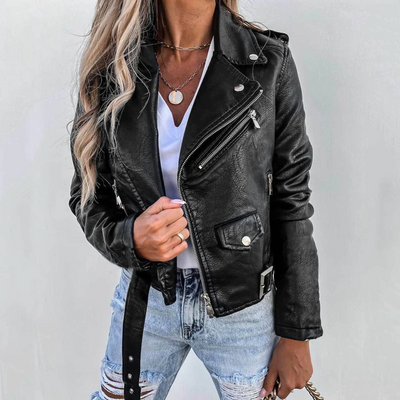 Leather Jacket | Slim Fit | Belt | Biker Jacket | Women's Leather Jacket-Grace Aura