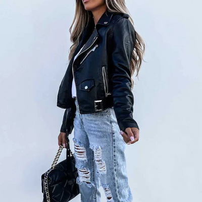 Leather Jacket | Slim Fit | Belt | Biker Jacket | Women's Leather Jacket-Grace Aura