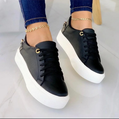 Leather Sneakers - Women's Thick Sole Lace-Up Trendy Sneakers-Grace Aura