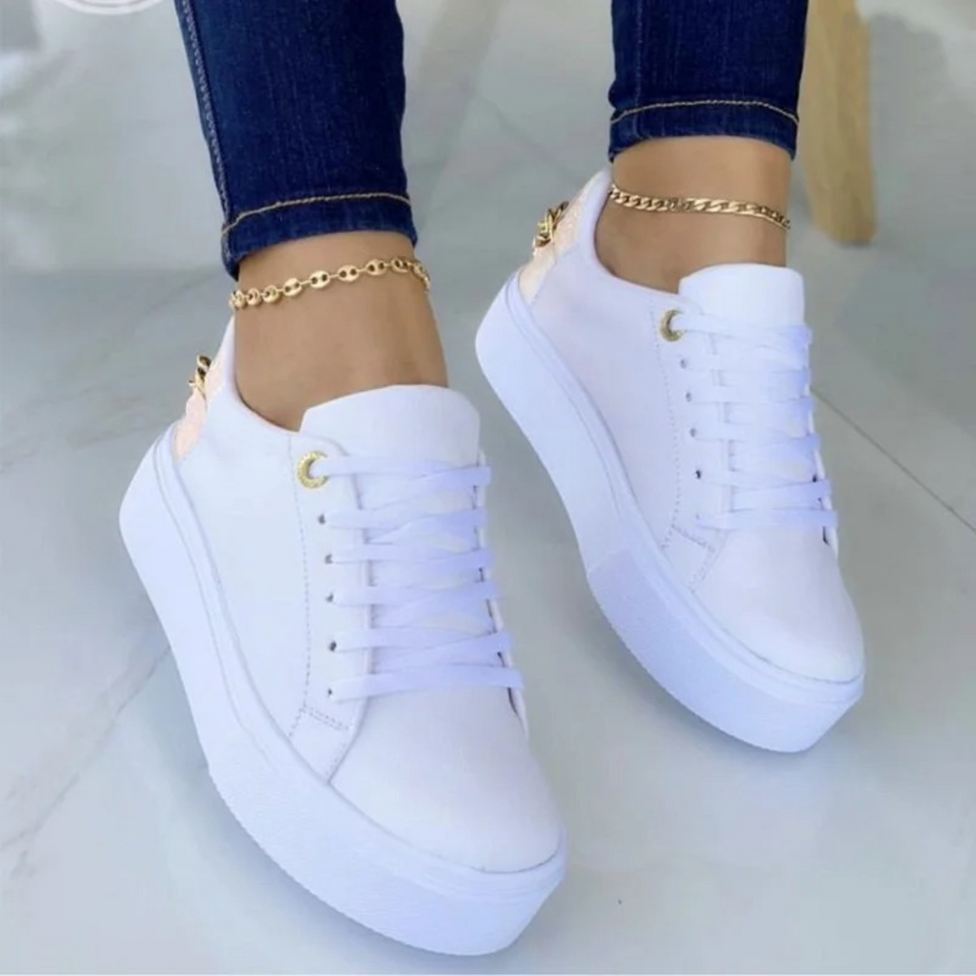 Leather Sneakers - Women's Thick Sole Lace-Up Trendy Sneakers-Grace Aura