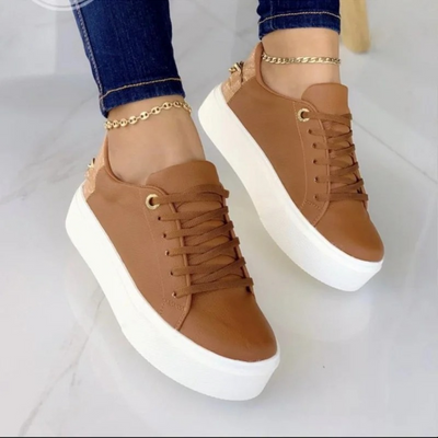 Leather Sneakers - Women's Thick Sole Lace-Up Trendy Sneakers-Grace Aura