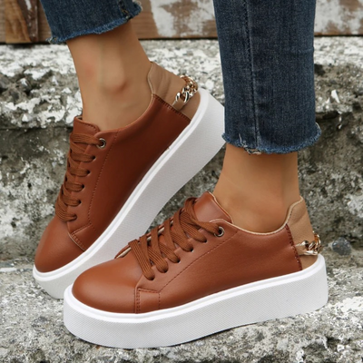 Leather Sneakers - Women's Thick Sole Lace-Up Trendy Sneakers-Grace Aura