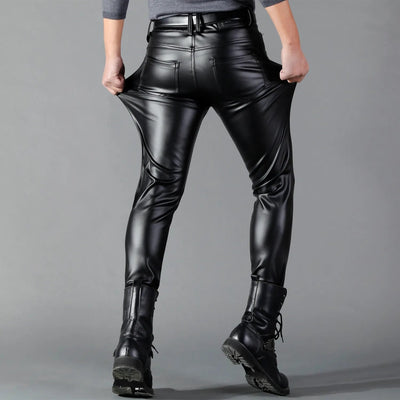 Leather Trousers - Men's Black Stretch Skinny Leather Trousers-Grace Aura
