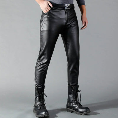 Leather Trousers - Men's Black Stretch Skinny Leather Trousers-Grace Aura