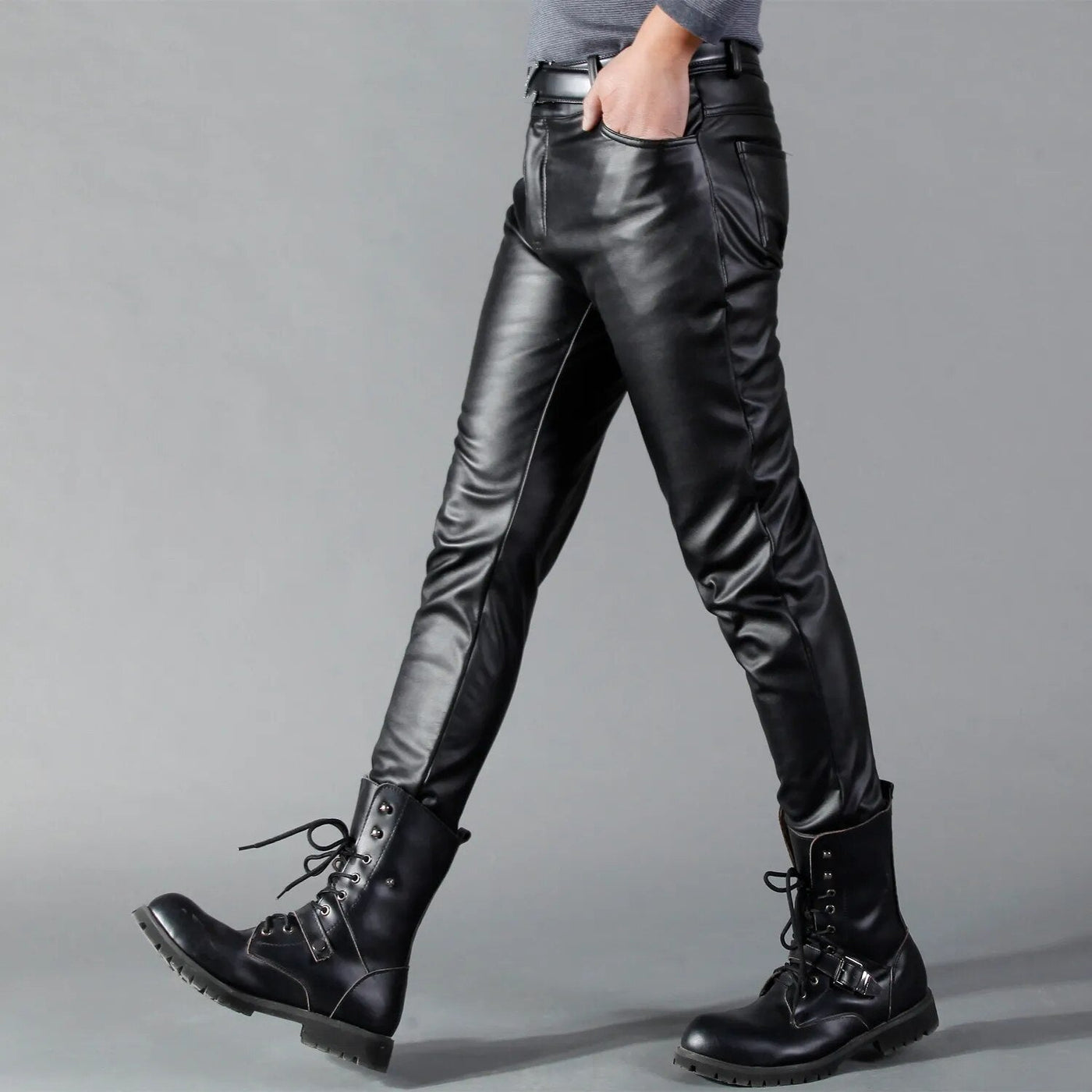 Leather Trousers - Men's Black Stretch Skinny Leather Trousers-Grace Aura