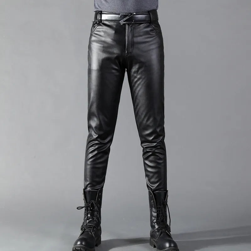 Leather Trousers - Men's Black Stretch Skinny Leather Trousers-Grace Aura