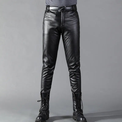 Leather Trousers - Men's Black Stretch Skinny Leather Trousers-Grace Aura