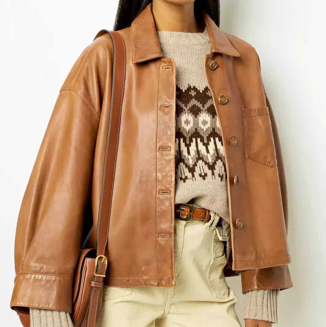 Leatherette Jacket - Women's Light Brown Button-Up Oversized Jacket-Grace Aura