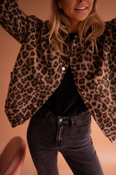 Leopard Jacket - Women's Oversized Bomber Jacket with Leopard Print -Grace Aura