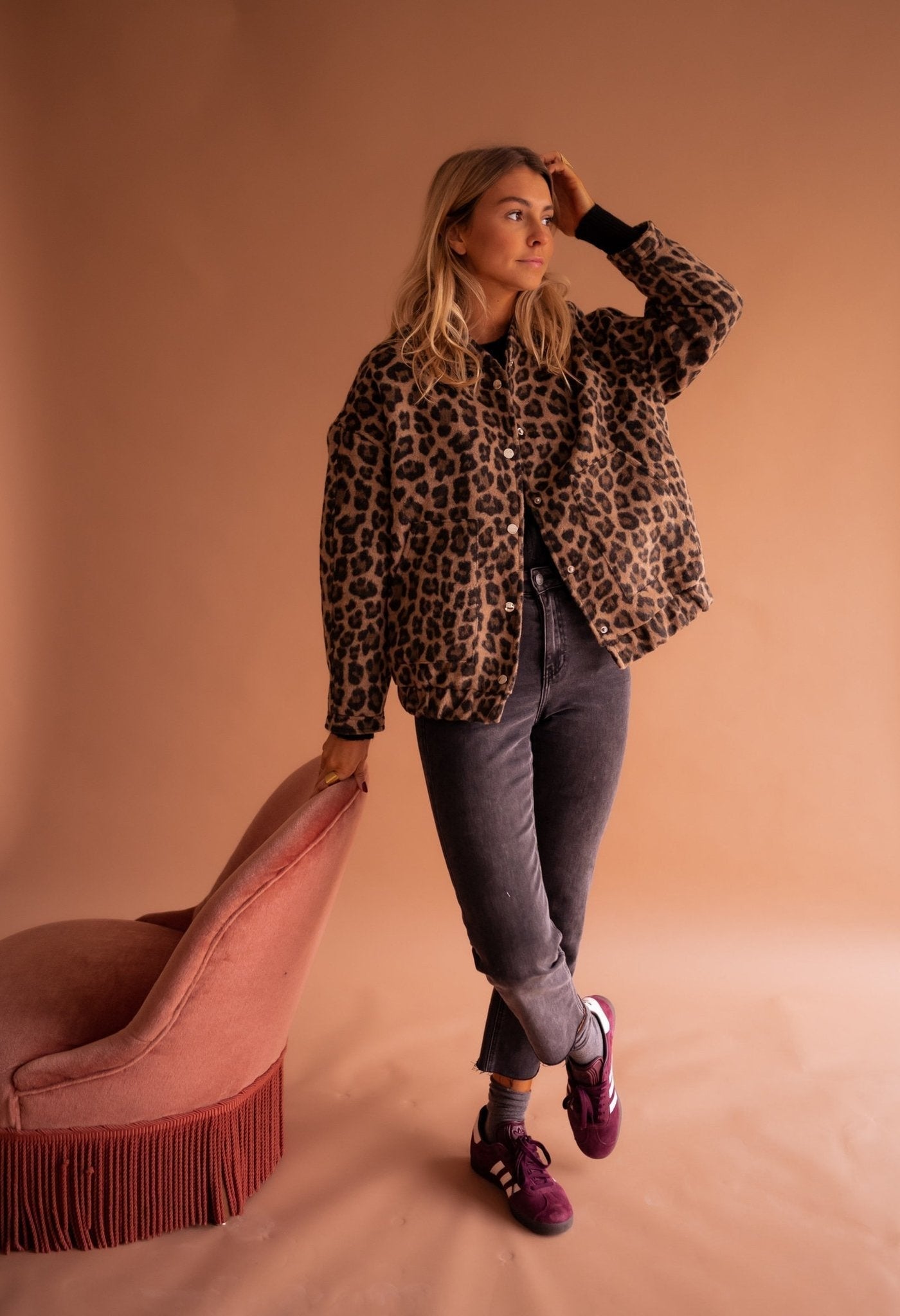 Leopard Jacket - Women's Oversized Bomber Jacket with Leopard Print -Grace Aura