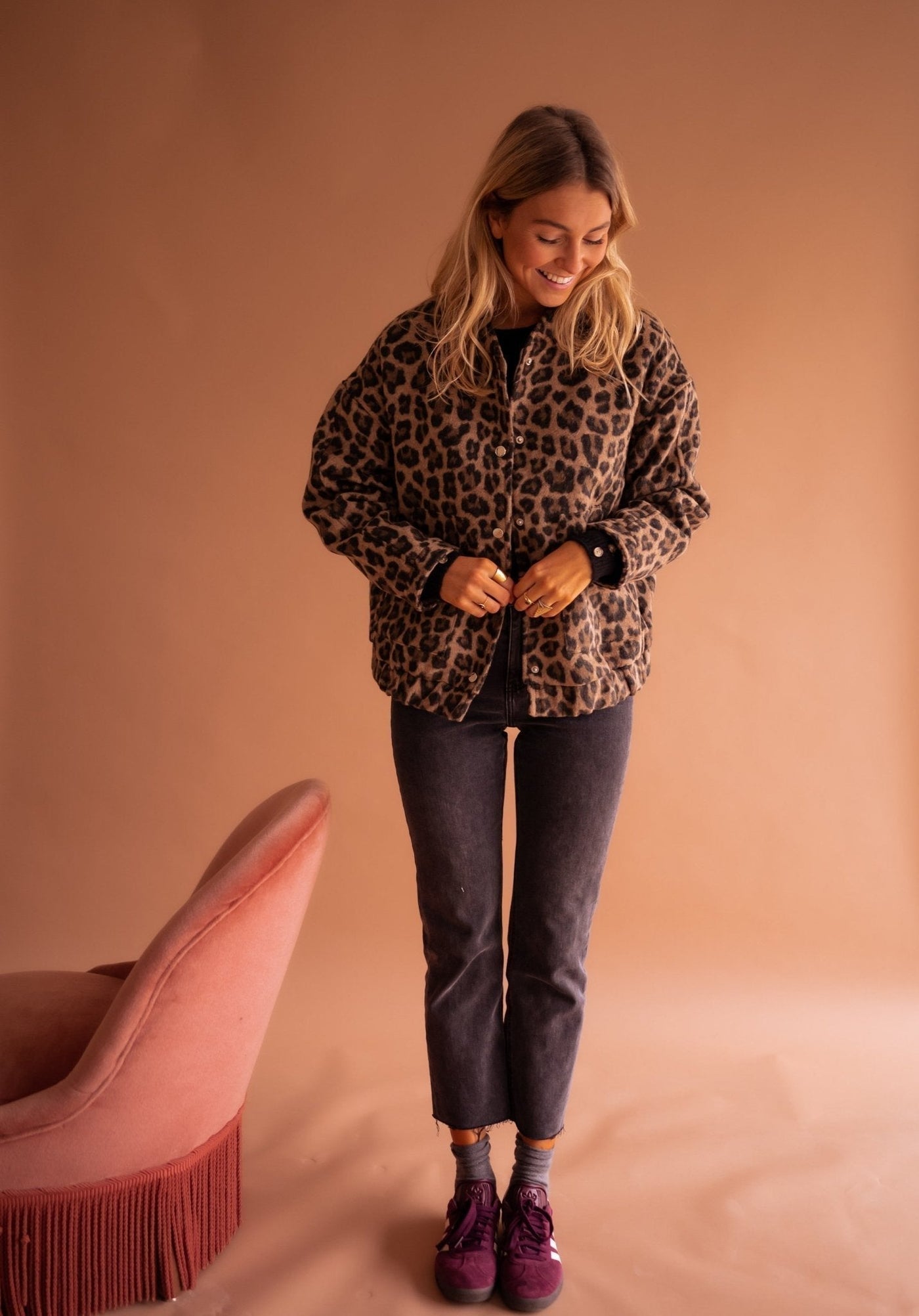 Leopard Jacket - Women's Oversized Bomber Jacket with Leopard Print -Grace Aura