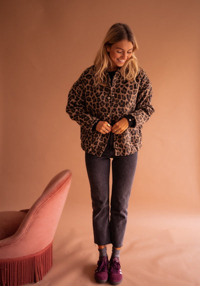 Leopard Jacket - Women's Oversized Bomber Jacket with Leopard Print -Grace Aura