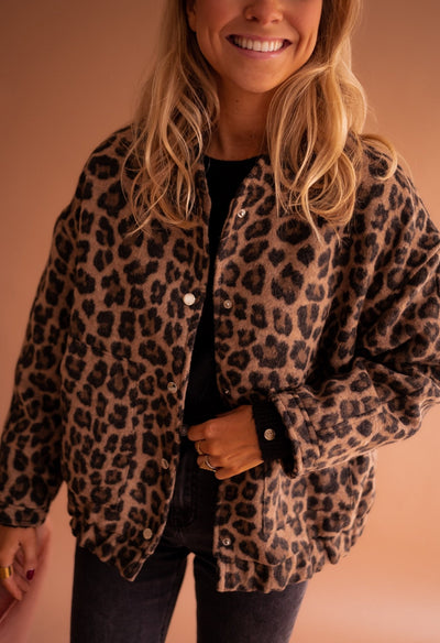 Leopard Jacket - Women's Oversized Bomber Jacket with Leopard Print -Grace Aura