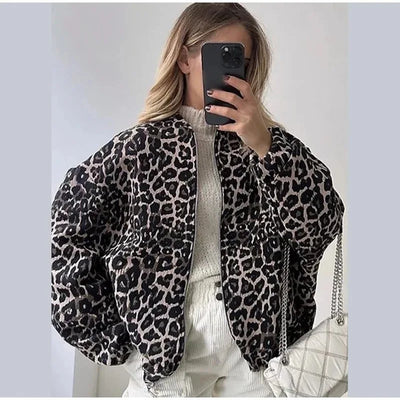 Leopard Print Bomber Jacket | Oversized | Zip-Up | Leopard Jacket | Women's Jacket-Grace Aura