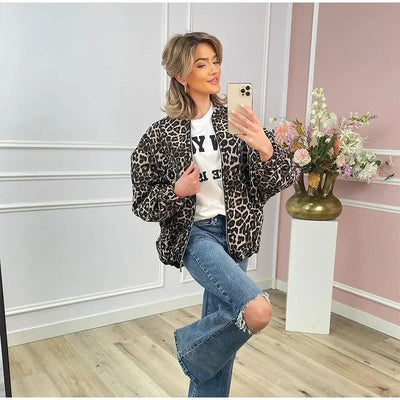 Leopard Print Bomber Jacket | Oversized | Zip-Up | Leopard Jacket | Women's Jacket-Grace Aura