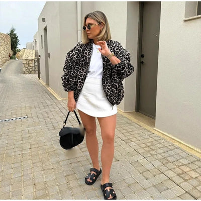 Leopard Print Bomber Jacket | Oversized | Zip-Up | Leopard Jacket | Women's Jacket-Grace Aura