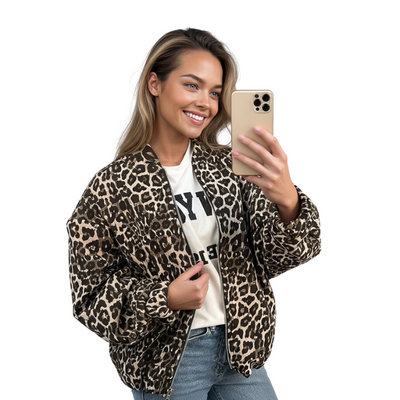 Leopard Print Bomber Jacket | Oversized | Zip-Up | Leopard Jacket | Women's Jacket-Grace Aura