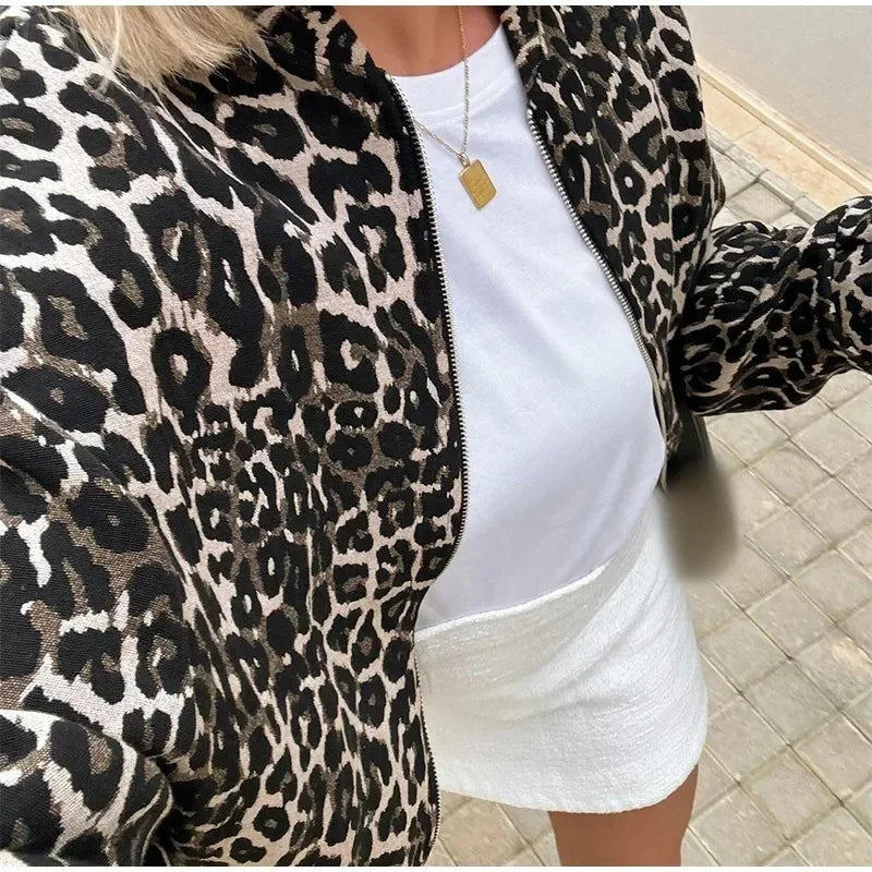 Leopard Print Bomber Jacket | Oversized | Zip-Up | Leopard Jacket | Women's Jacket-Grace Aura