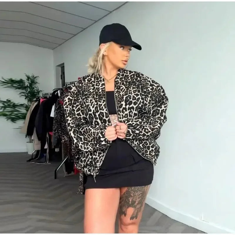 Leopard Print Bomber Jacket | Oversized | Zip-Up | Leopard Jacket | Women's Jacket-Grace Aura