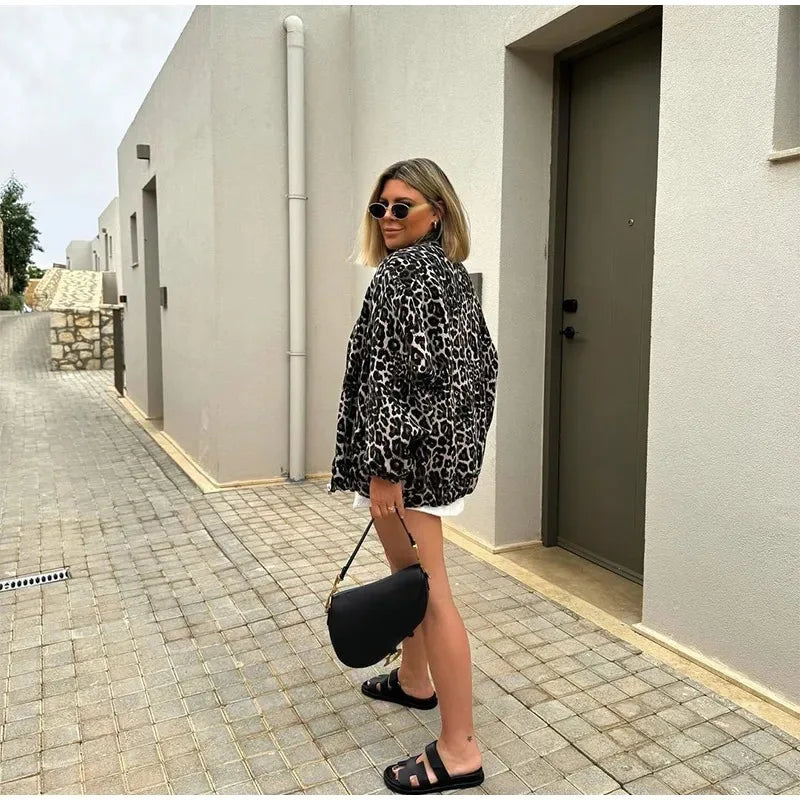 Leopard Print Bomber Jacket | Oversized | Zip-Up | Leopard Jacket | Women's Jacket-Grace Aura
