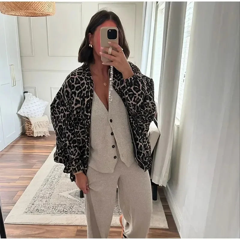 Leopard Print Bomber Jacket | Oversized | Zip-Up | Leopard Jacket | Women's Jacket-Grace Aura