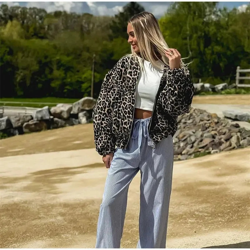 Leopard Print Bomber Jacket | Oversized | Zip-Up | Leopard Jacket | Women's Jacket-Grace Aura