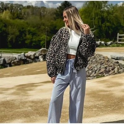 Leopard Print Bomber Jacket | Oversized | Zip-Up | Leopard Jacket | Women's Jacket-Grace Aura