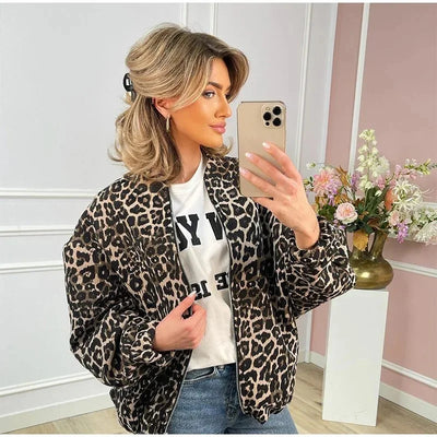 Leopard Print Bomber Jacket | Oversized | Zip-Up | Leopard Jacket | Women's Jacket-Grace Aura