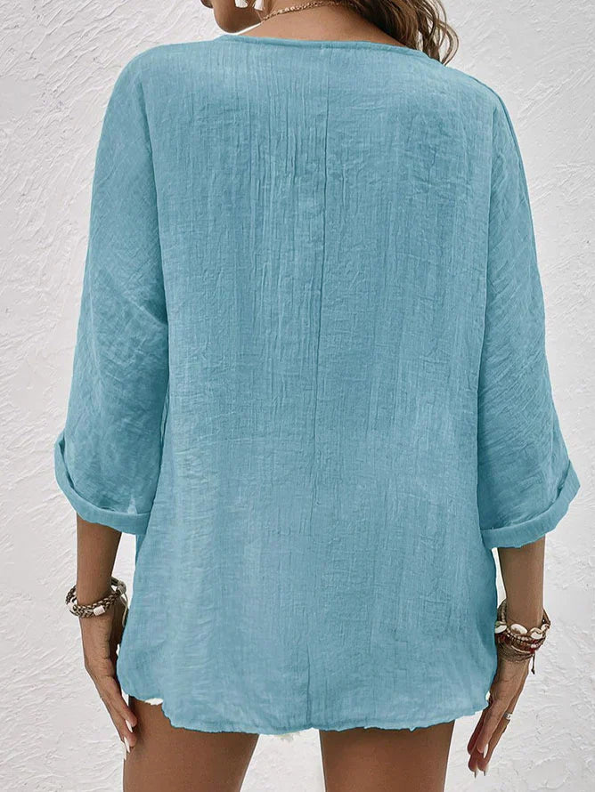 Linen Blouse | Loose Fit | V-Neck | Button-Up Blouse | Linen Shirts Women-Grace Aura