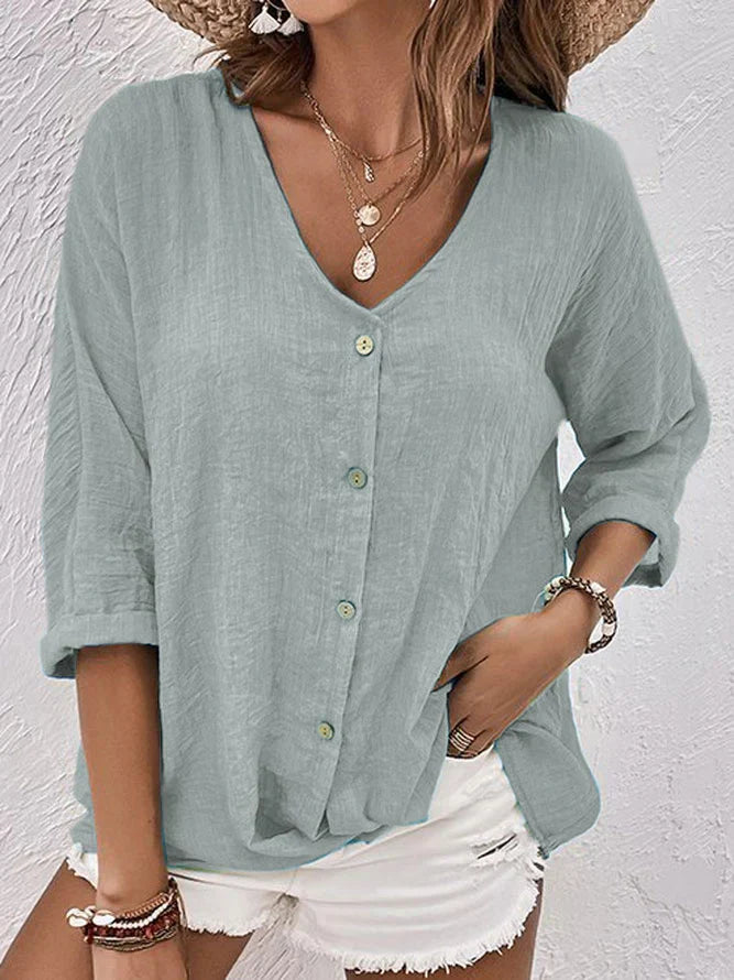 Linen Blouse | Loose Fit | V-Neck | Button-Up Blouse | Linen Shirts Women-Grace Aura