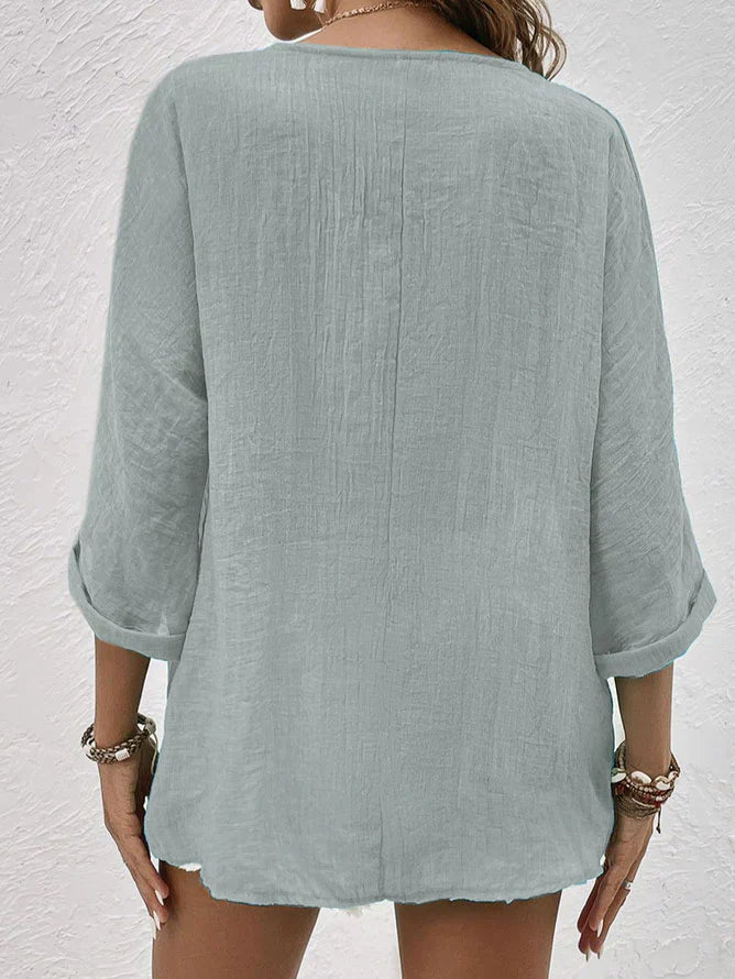 Linen Blouse | Loose Fit | V-Neck | Button-Up Blouse | Linen Shirts Women-Grace Aura