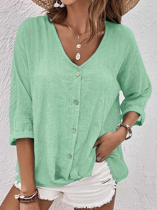 Linen Blouse | Loose Fit | V-Neck | Button-Up Blouse | Linen Shirts Women-Grace Aura