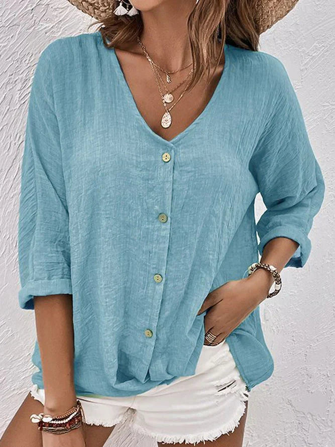 Linen Blouse | Loose Fit | V-Neck | Button-Up Blouse | Linen Shirts Women-Grace Aura