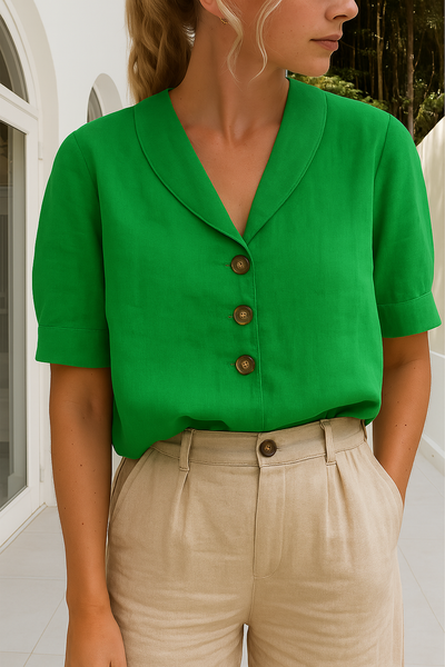 Linen Blouse | Short Sleeve | Collar | Linen Top | Women's Blouse-Grace Aura