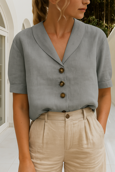 Linen Blouse | Short Sleeve | Collar | Linen Top | Women's Blouse-Grace Aura