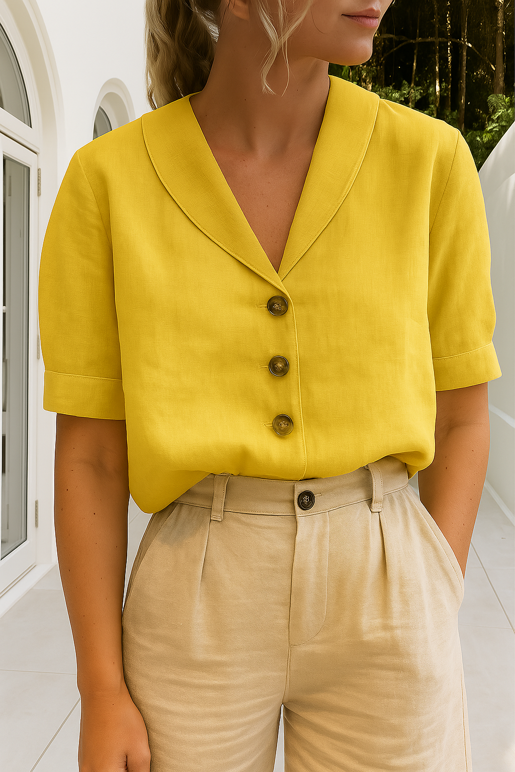 Linen Blouse | Short Sleeve | Collar | Linen Top | Women's Blouse-Grace Aura