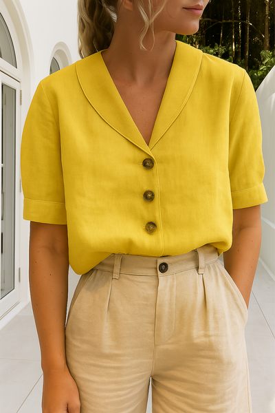 Linen Blouse | Short Sleeve | Collar | Linen Top | Women's Blouse-Grace Aura
