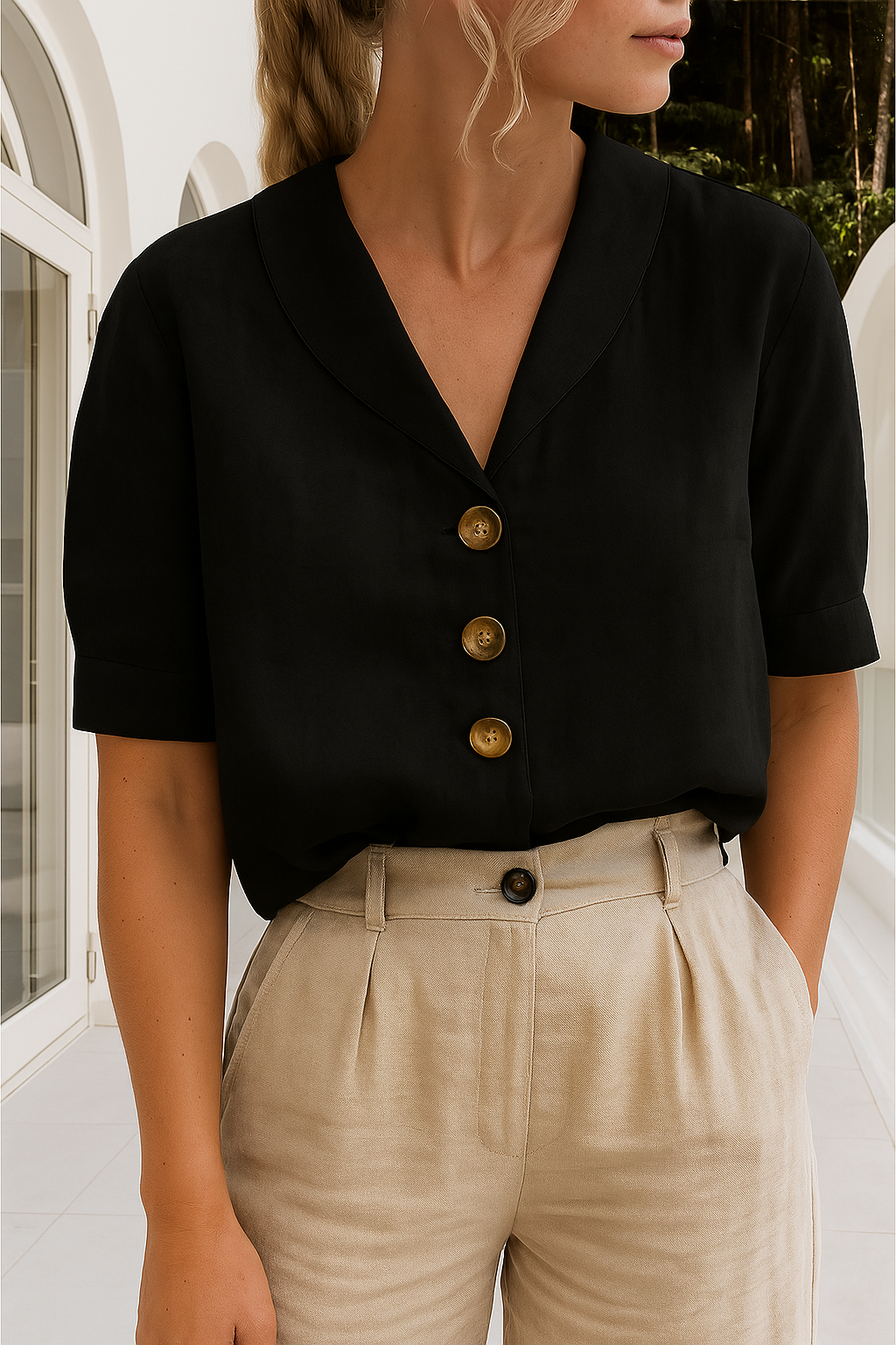 Linen Blouse | Short Sleeve | Collar | Linen Top | Women's Blouse-Grace Aura