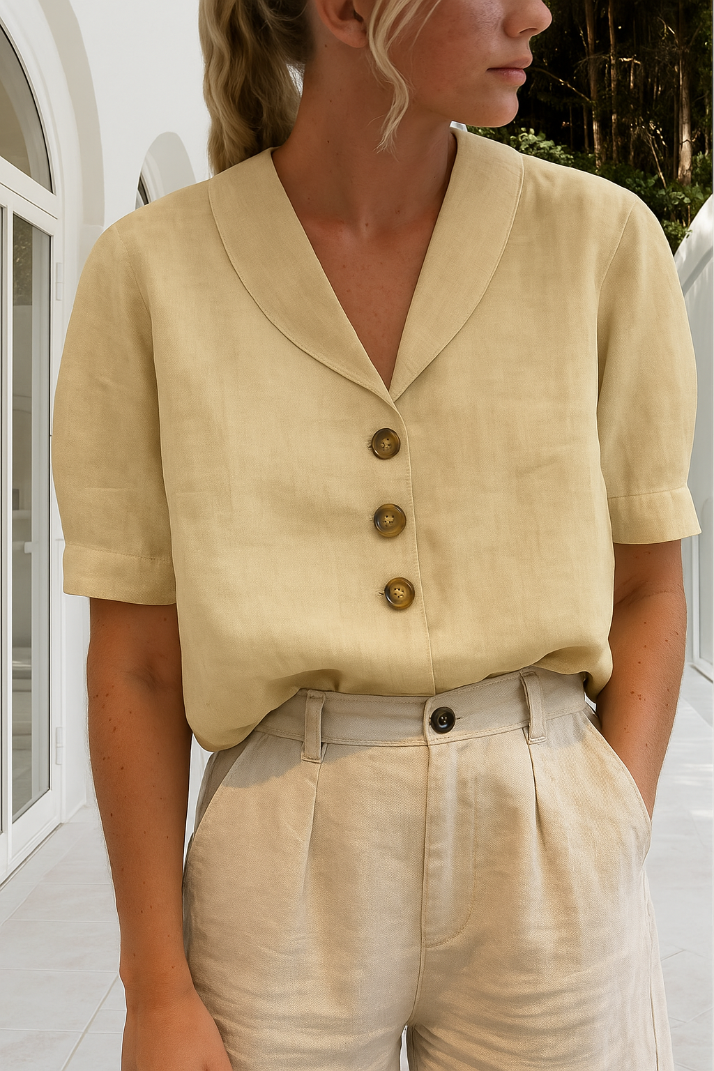 Linen Blouse | Short Sleeve | Collar | Linen Top | Women's Blouse-Grace Aura