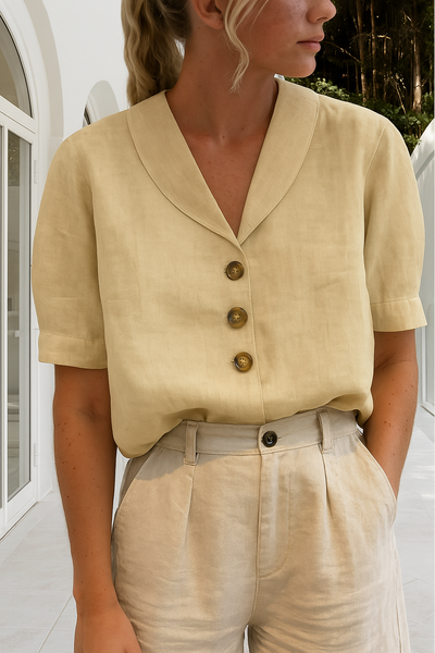 Linen Blouse | Short Sleeve | Collar | Linen Top | Women's Blouse-Grace Aura