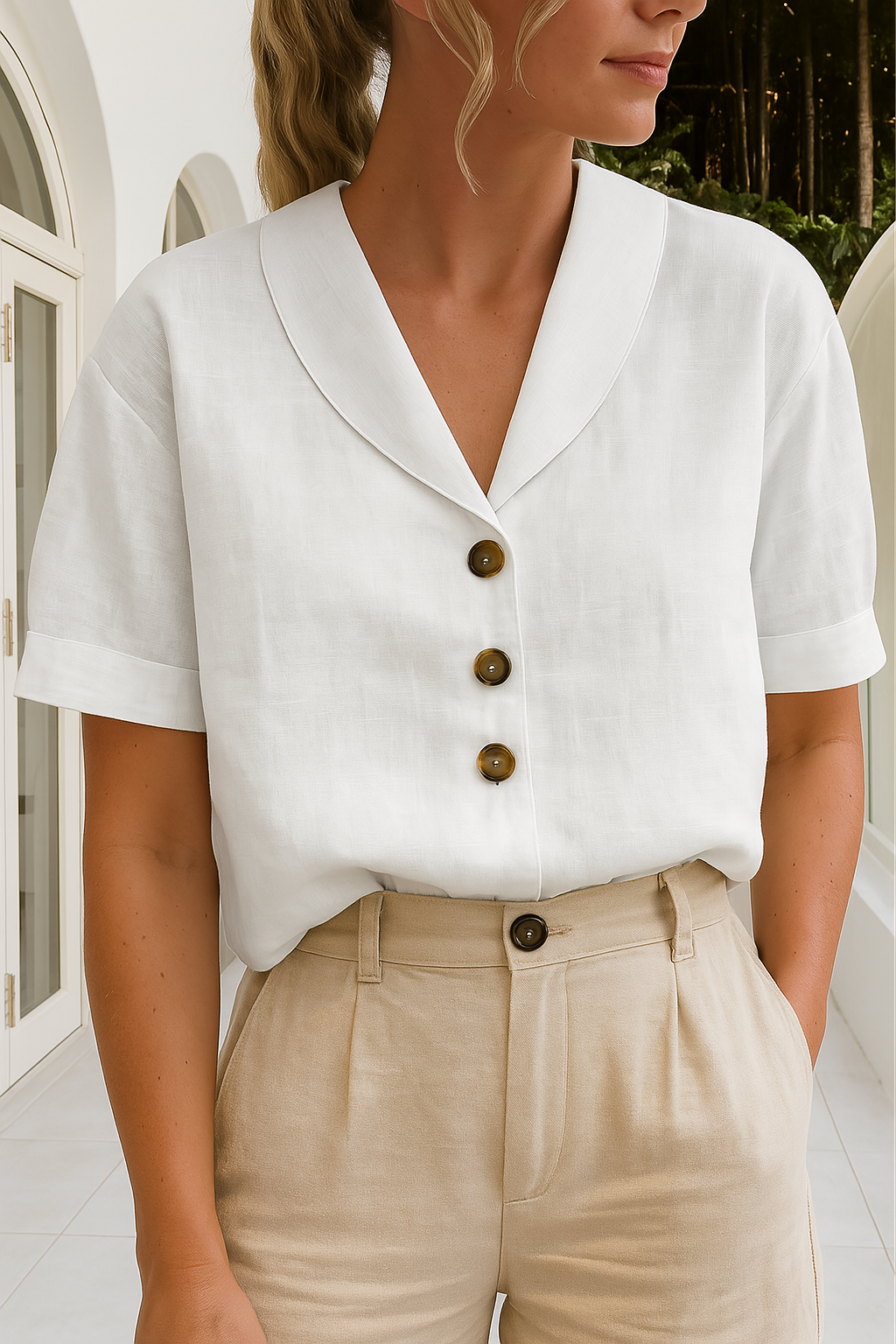 Linen Blouse | Short Sleeve | Collar | Linen Top | Women's Blouse-Grace Aura