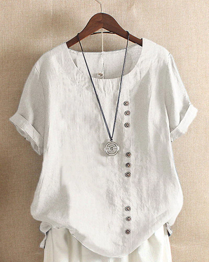 Linen Blouse - Women's Loose Fit Short Sleeve Linen T-Shirt-Grace Aura