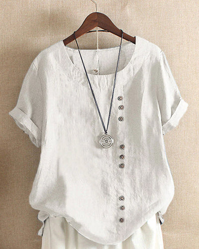 Linen Blouse - Women's Loose Fit Short Sleeve Linen T-Shirt-Grace Aura