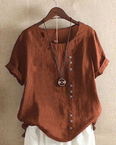 Linen Blouse - Women's Loose Fit Short Sleeve Linen T-Shirt-Grace Aura