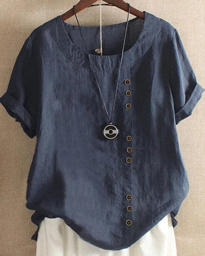 Linen Blouse - Women's Loose Fit Short Sleeve Linen T-Shirt-Grace Aura