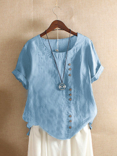 Linen Blouse - Women's Loose Fit Short Sleeve Linen T-Shirt-Grace Aura