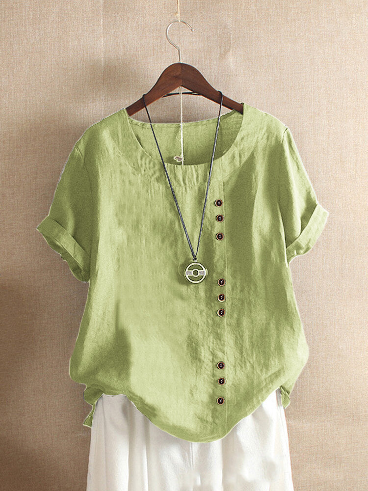 Linen Blouse - Women's Loose Fit Short Sleeve Linen T-Shirt-Grace Aura